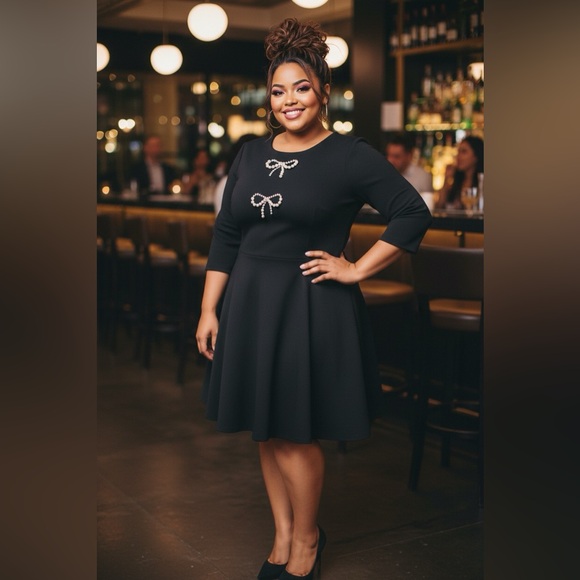 Kate Spade Black Pearl Beaded Bow Fit & Flare Dress Women’s Size XL - Picture 3 of 14